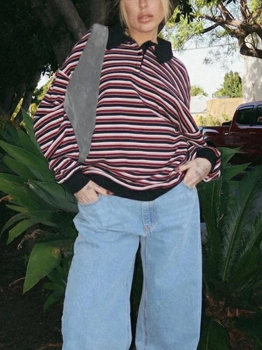 Женский свитшот в полоску с длинным рукавом на пуговицах