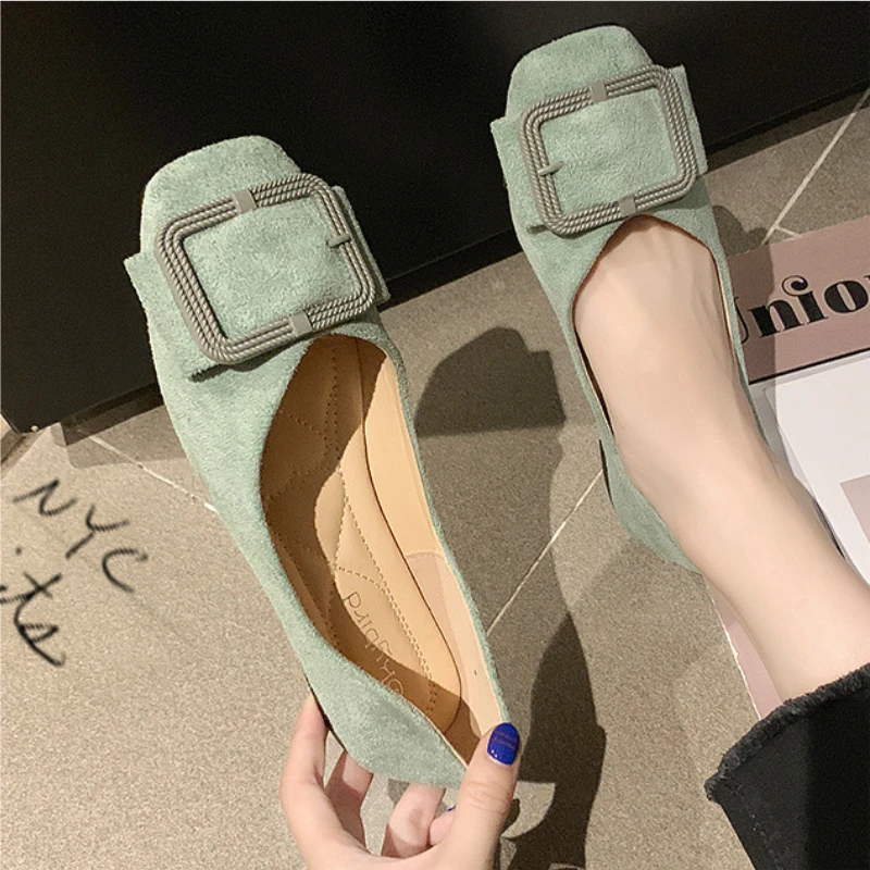 

Women Sweet Flats Shoes Big Belt Buckle Suede Vamp Soft Sole Loafers Casual Female Shoes Slip on Fashion Flat Pumps