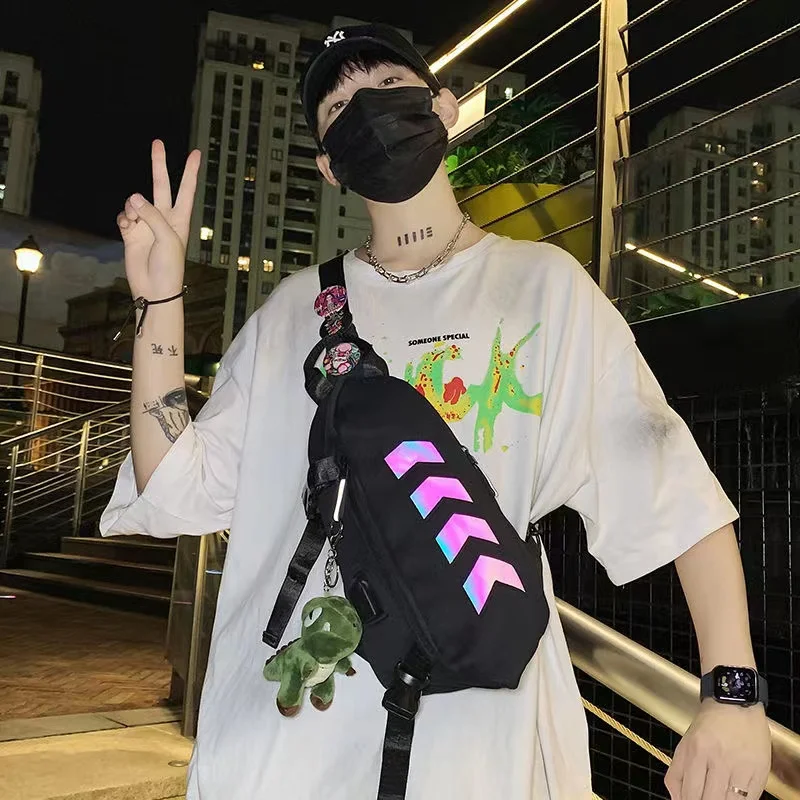 Unisex Reflective Strip Sling Backpack Girls Fashion White Cross Body Purse Mens Black One Shoulder Back Pack Chest Bag for Boys