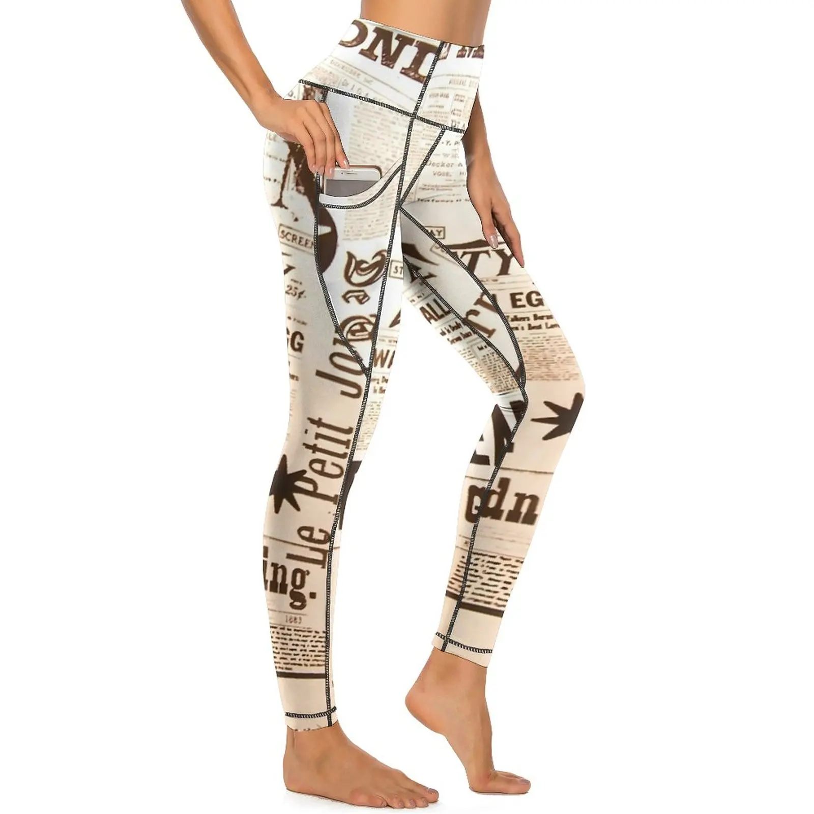 

Newspaper Print Yoga Pants Pockets Vintage Letter Leggings High Waist Fashion Yoga Sports Tights Stretch Design Running Leggins