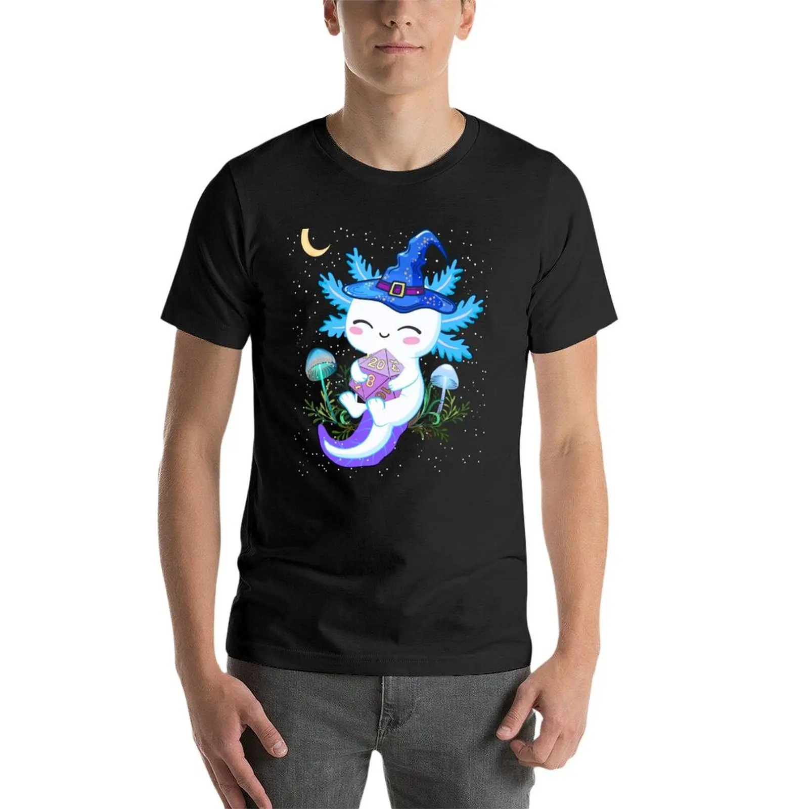 DND AXOLOTL милый счастливый волшебник axolotl держит кости D20 грибы и ночное небо луна.