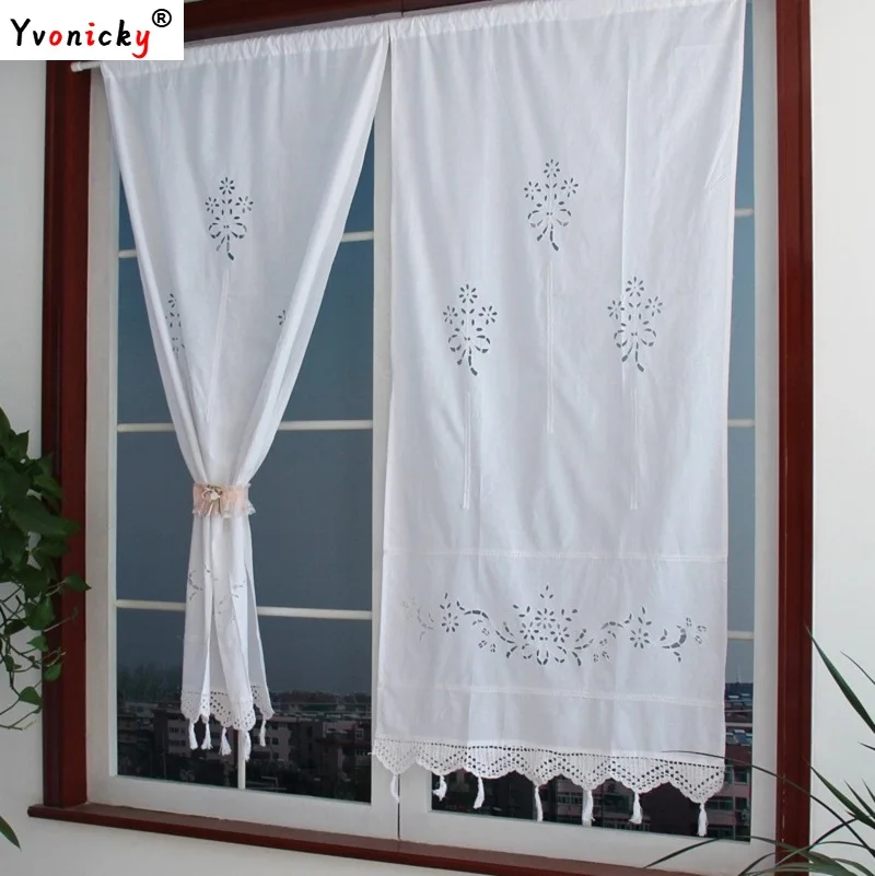 

Wholesale Cotton Semi-blackout Curtains Crochet Hollow Out Solid White Short Curtain Rod Pocket Kitchen Blinds with Tassels