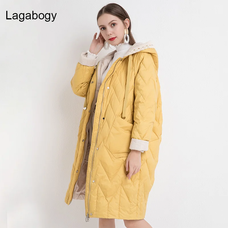 2021 New Winter Warm Coat Women Knit Patchwork Hooded Parkas White Duck Down Puffer Jacket Female Long Loose Outwear
