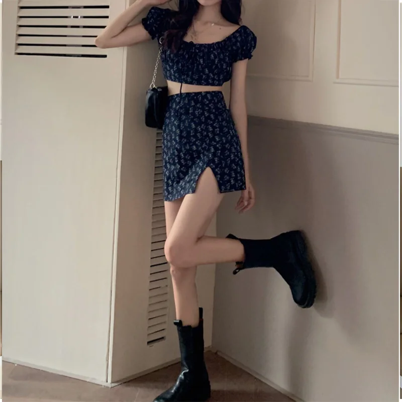 Sexy Outfits For Woman Floral Mini Skirts Fashion Shorts Sets Exposed Navel Two Piece Set Split Skirt Puff Sleeve 2 Piece Sets