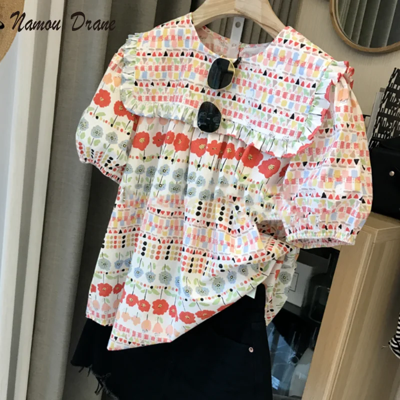 

Namou Drane Floral Ruffle Turn-down Collar Woman Blouse Causal Chic Korean Puff Sleeve Doll Shirts 2021 New Sweet Top Blusas