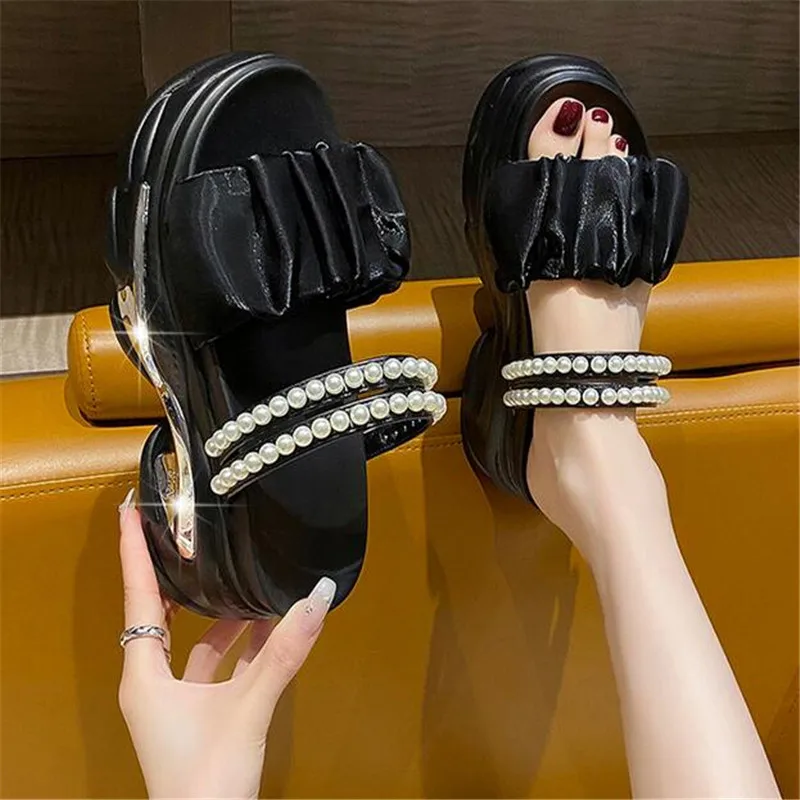 Women's Pearl Strap Chunky Sandals Summer 2023 Thick Bottom Wedge Slippers Woman Fashion Pink Lace Platform Sandals Mujer