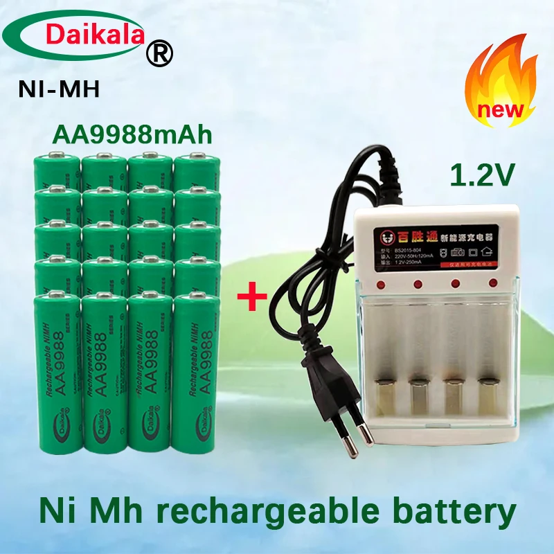 

2023New AA Battery Free Shipping 1.2VAA9988MAH+Charger Rechargeable Battery Suitable for Gaming Consoles, Alarms, Calculators