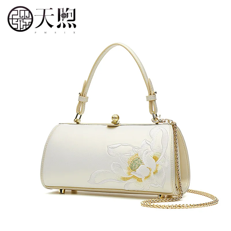 

Роскошная брендовая сумка из воловьей кожи Pmsix, новинка 2023, женская сумка в китайском стиле с вышивкой, дизайнерская сумка через плечо с цепочкой высокого качества