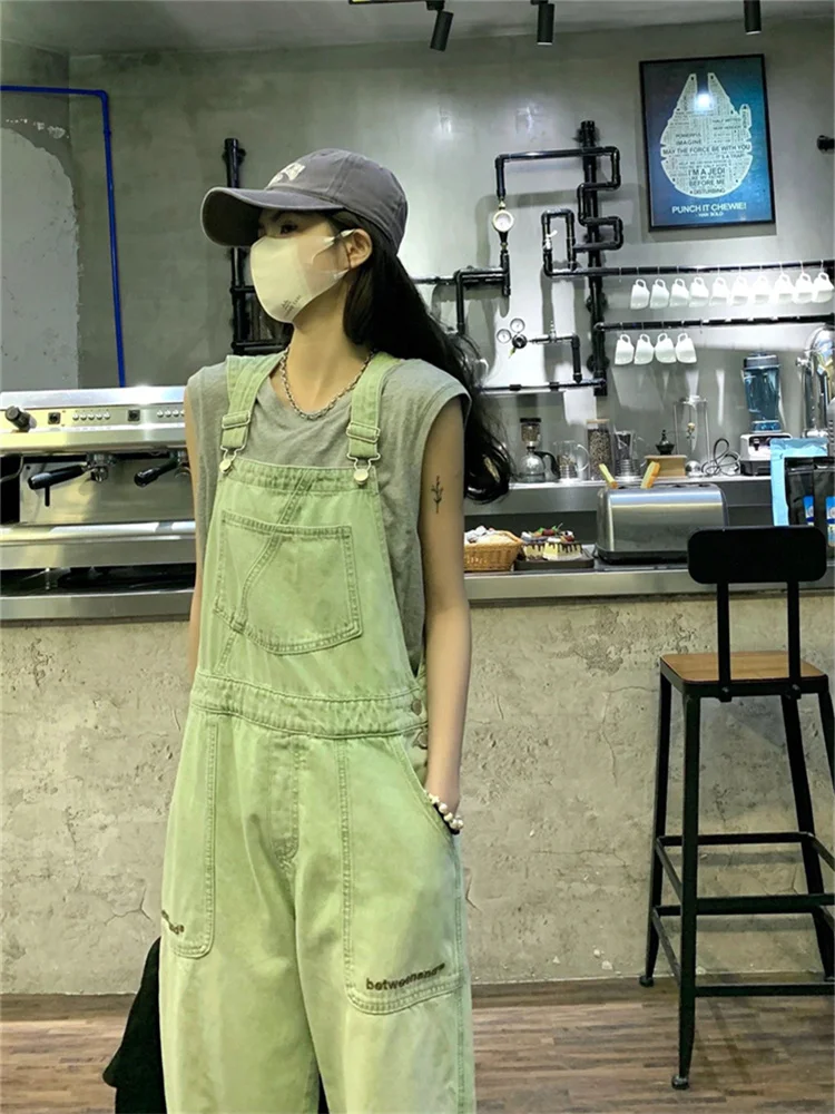 

2023 New Womens Vintage Green Suspender Jeans Pocket Straight Wide Leg Pants Casual Baggy Mopping Denim Trouser Ladies Summer