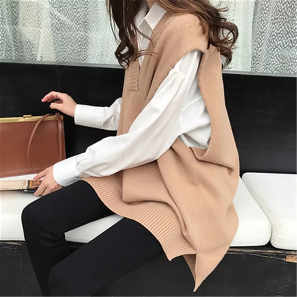 

Autumn Winter V Neck Sleeveless Sweater Vest Women Oversized Warm Jumper Knitted Vest Pollover Women Sweater Pull Femme