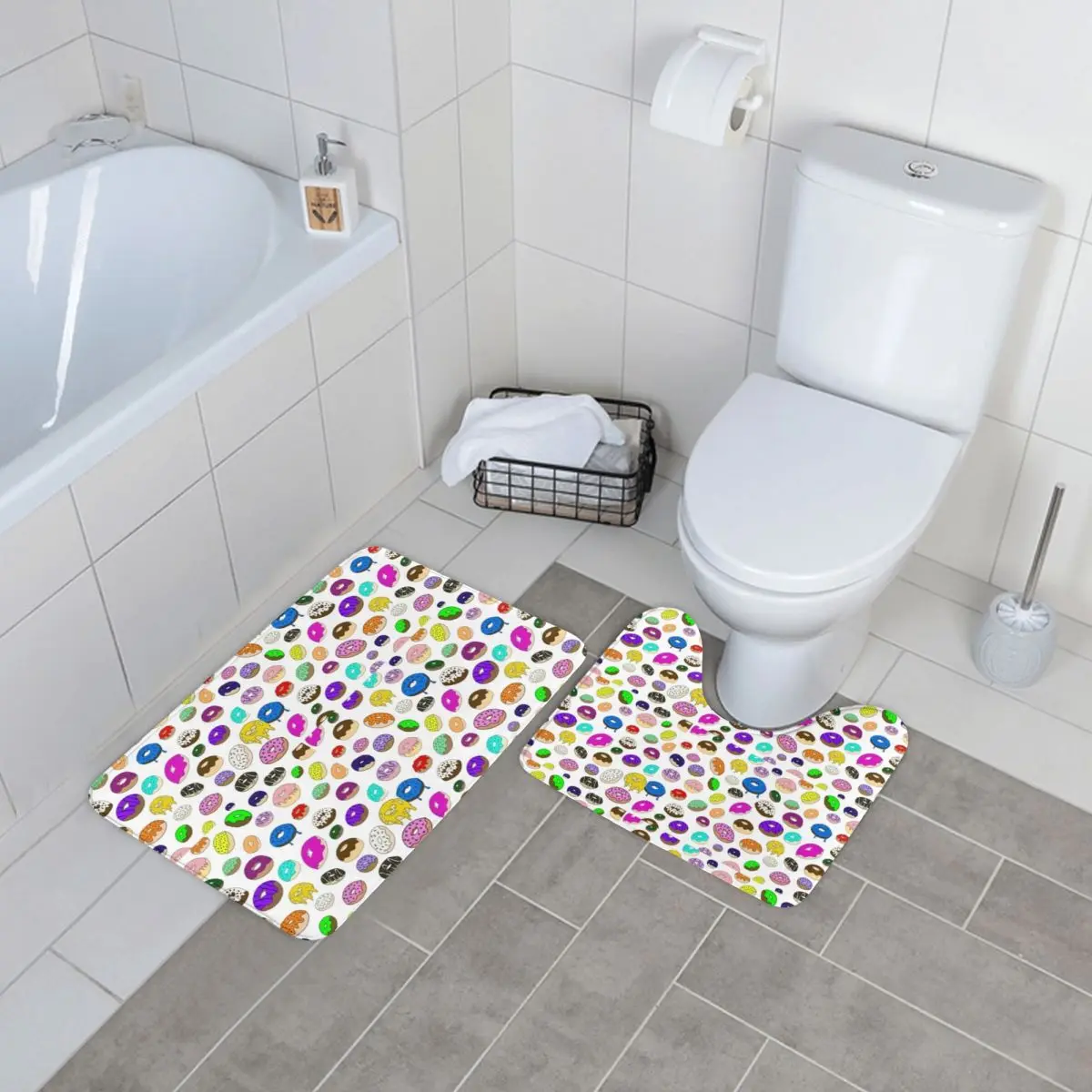 

Colorful Doughnut Bath Mat Sweet Food Print Vintage Polyester 2 Piece Bathroom Mat Set Foot Washable Bathroom Rug