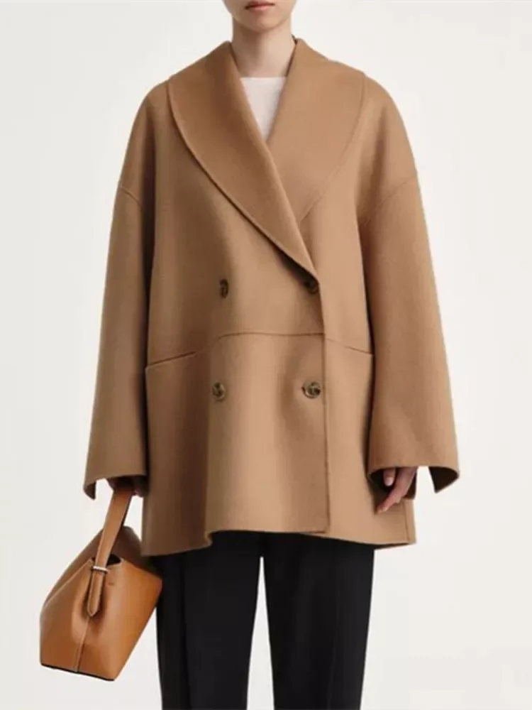 

Женское двубортное шерстяное пальто, прямая Классическая Свободная верхняя одежда с отложным воротником, простая верхняя одежда, осень-зим...