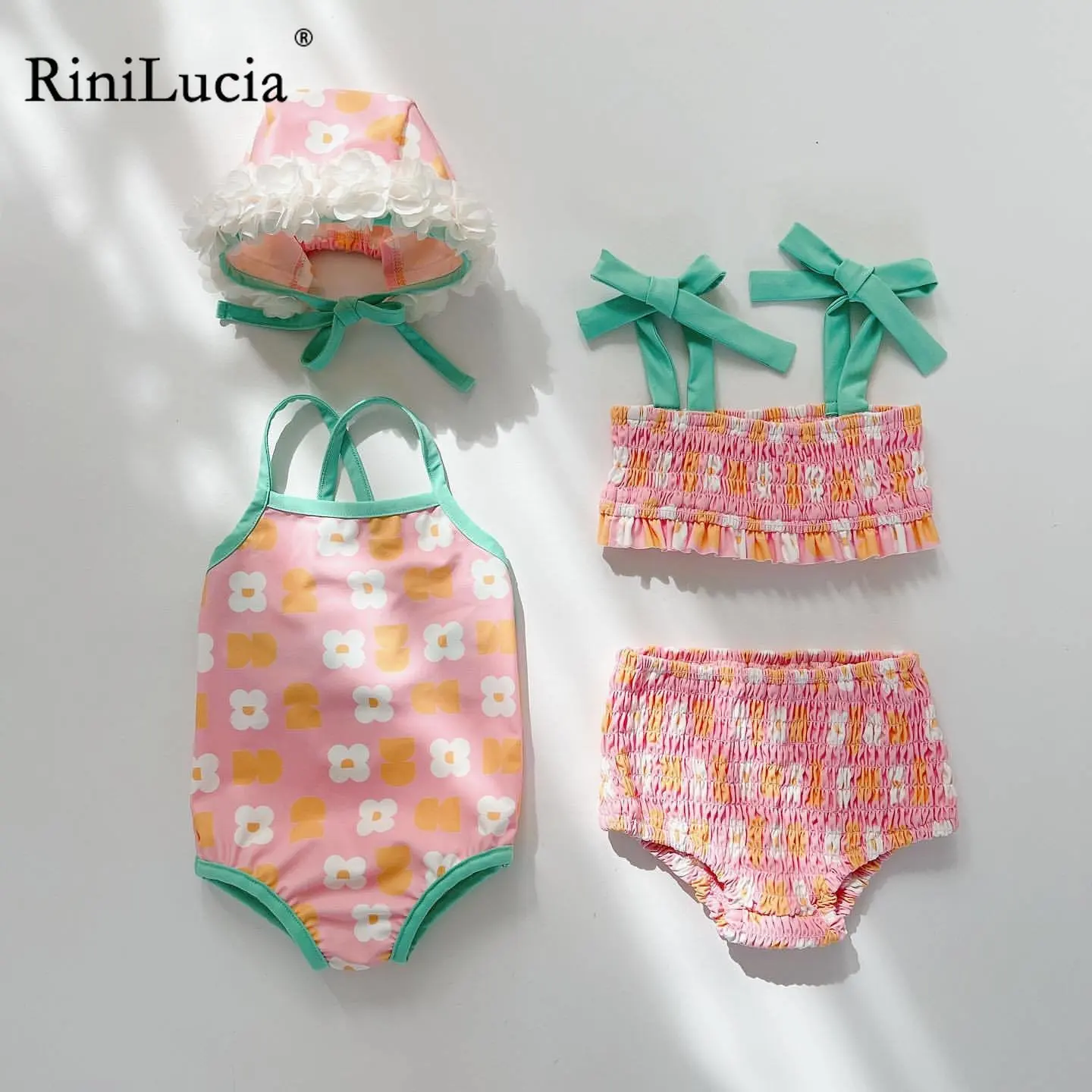 

RiniLucia Summer Newborn Baby Girls Split Swimsuits Floral Korean Style Beach Vacation Infants Pleated Swimwear Kids Clothes