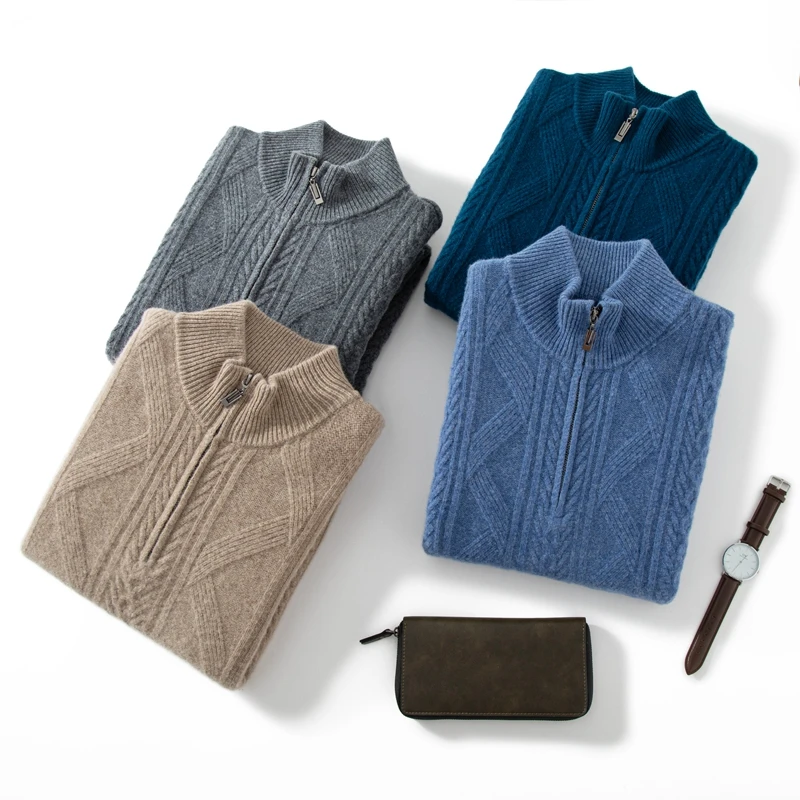 

Мужские свитера из 100% мериносовой шерсти, зимний плотный джемпер, Повседневный пуловер на молнии, мужской свитер, вязаные топы с длинным рукавом и высоким воротником