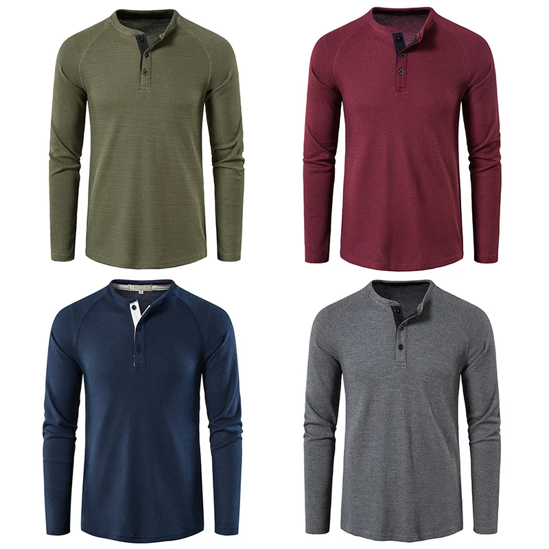 

Pullover Blouse T-Shirt Long Sleeve Top Round Neck Buttons Casual Solid Color Waffle Knit