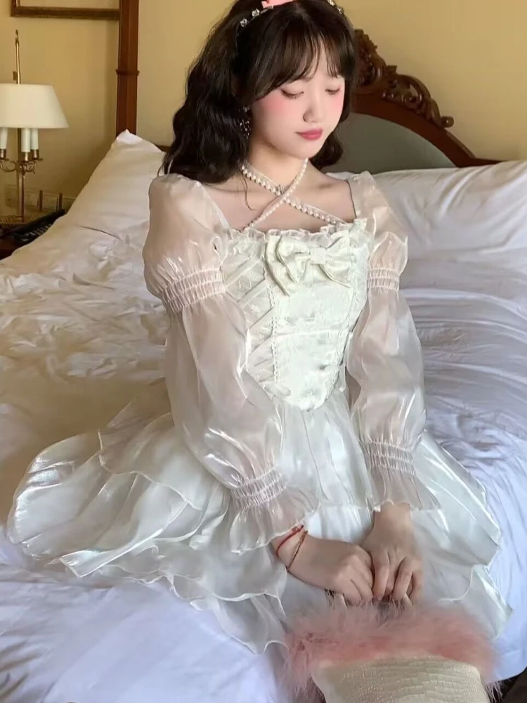Японское белое милое сказочное платье в стиле &quotЛолита&quot женское мини-платье с