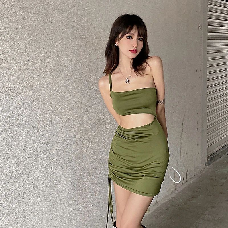 

Sexy Women Solid Color Bodycon Dress Summer Polyester Oblique Shoulder Sleeveless Drawstring Pleated Mini Dresses