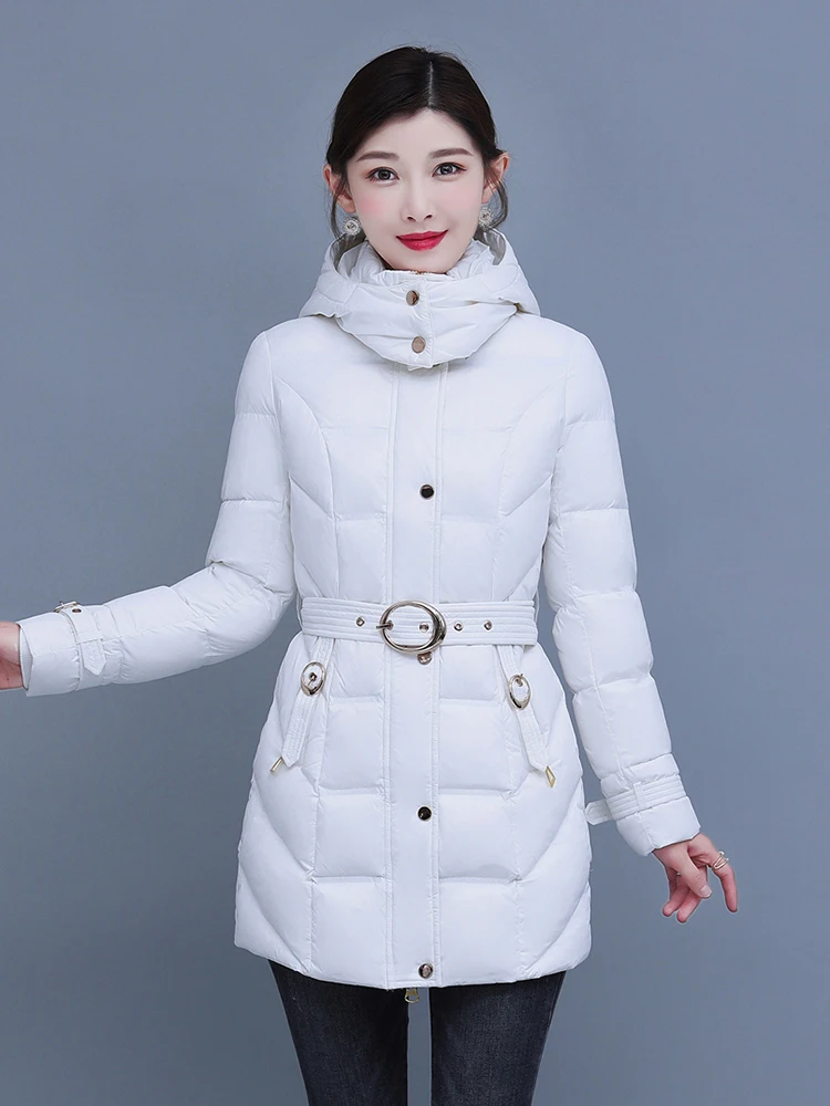 New Women Winter Thicken Warm Down Jacket Simple Fashion Detachable Hooded Belt Slim Short Glossy Surface White Duck Down Coat