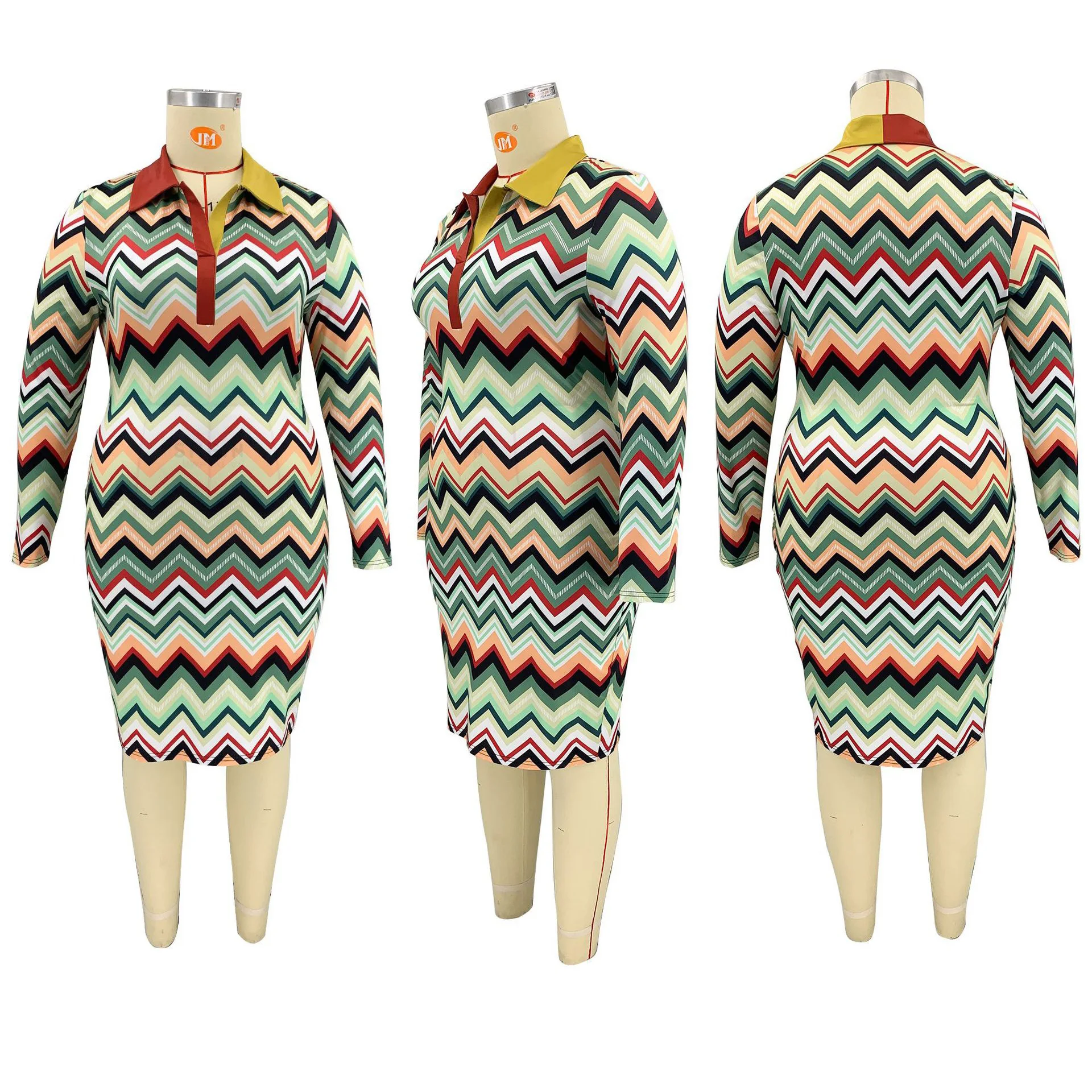 Plus Size Dresses for Women Geometric Printed Full Sleeve Turn Down Bodycon High Waisted Mid Calf Elegant Large Dress Cloth Big