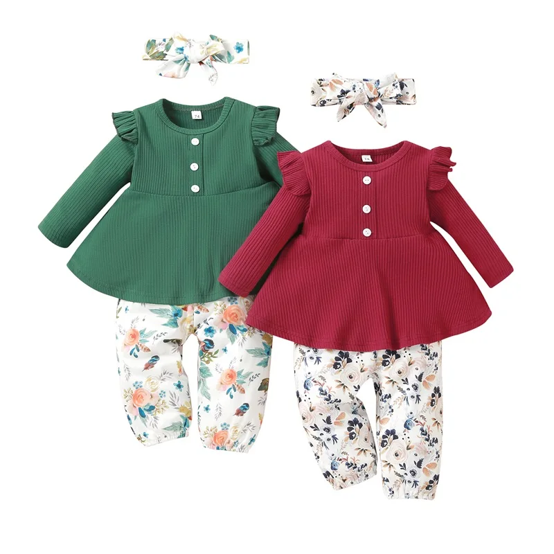 

Детский комплект из 3 предметов, трикотажный топ с длинным рукавом и пуговицами спереди, брюки с цветочным принтом и повязка на голову