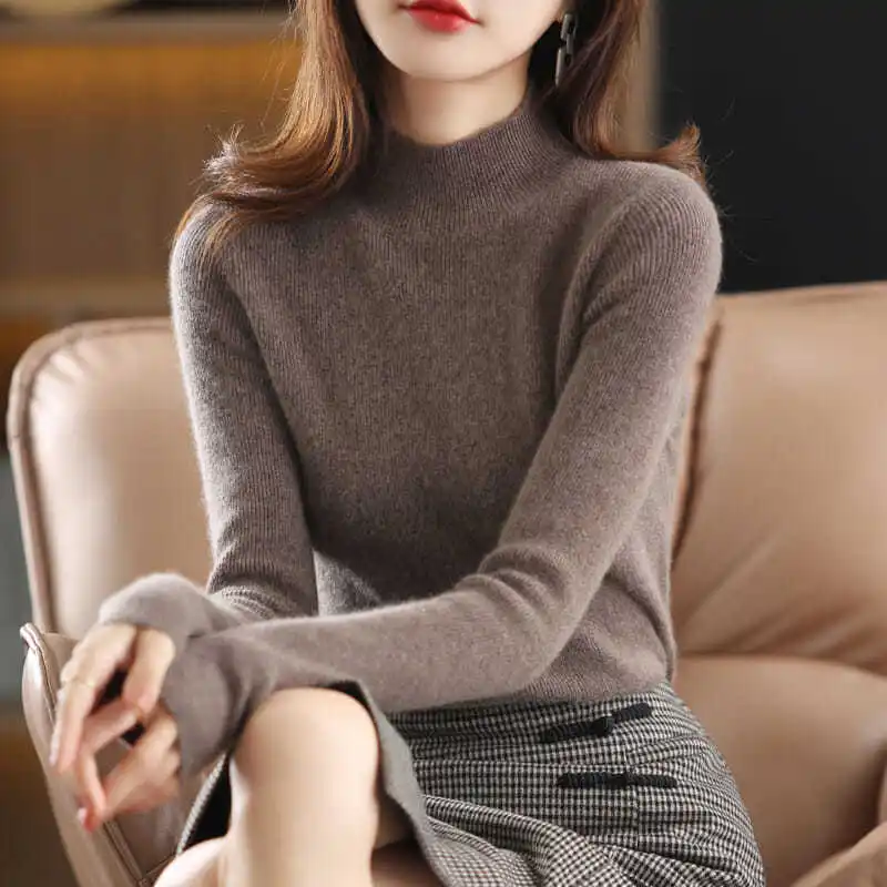 

2022 Autumn Long Sleeve Soft Warm Women Turtleneck Sweater Loose Wool Pullover Knitted Jumper Long Sleeve Letter Top H60