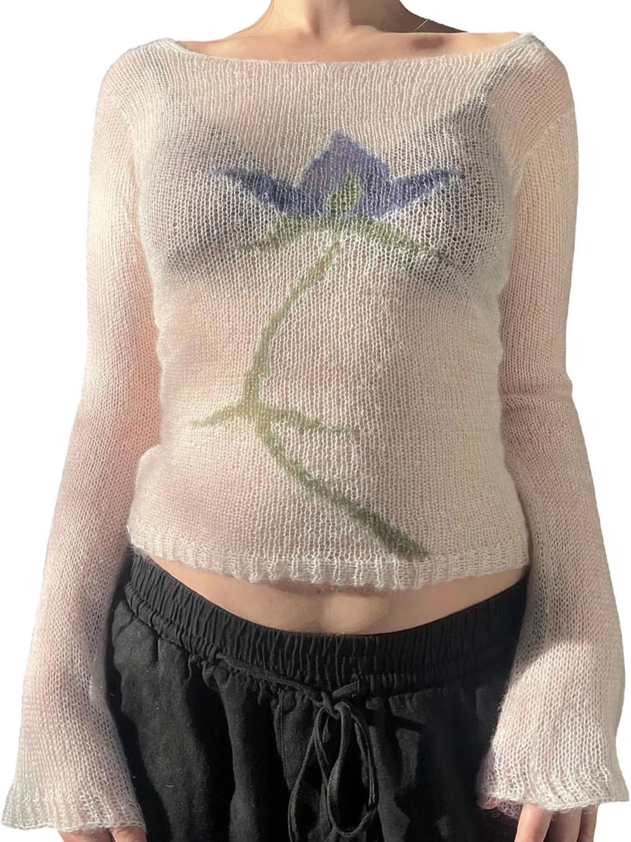 Женские трикотажные топы с цветочным принтом футболки длинным рукавом и вырезом