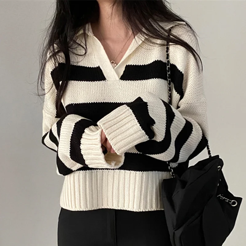 

Kio New 2022 Autumn Winter Women Sweater Lapel All Pullovers Knitted Striped Korean Style Elegant Ladies Jumpers
