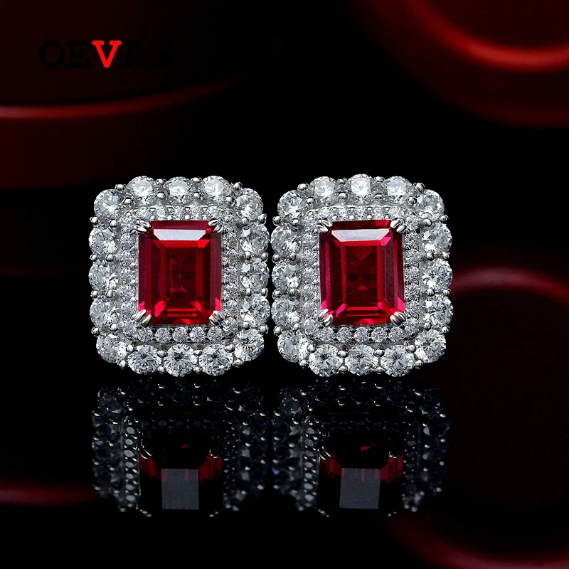 

OEVAS 100% 925 Sterling Silver 8*10mm Ruby Emerald High Carbon Diamond Stud Earrings For Women Sparkling Wedding Fine Jewelry