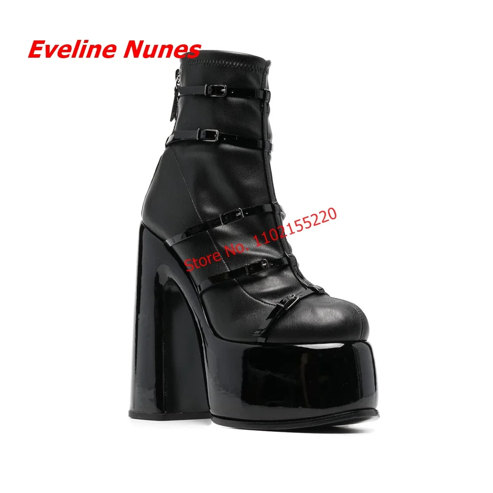 

Black Platform Leather Ankle Boots Women's New Arrival Solid 2022 Round Toe Back Zipper Catwalk Sexy Shoes For Free Shipping