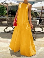 summer baggy pleated sundress celmia women sleeveless long dress leisure spaghetti straps maxi dresses holiday solid beach robes
