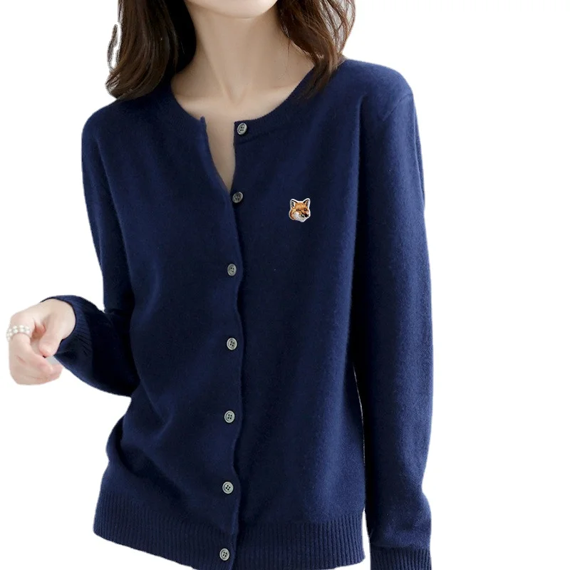 

Spring Autumn Womens Knitted Wool Cardigan Bottoming Sweater Maison Fox Embroidery High Street Harajuku Lady Slim O-Neck Coat