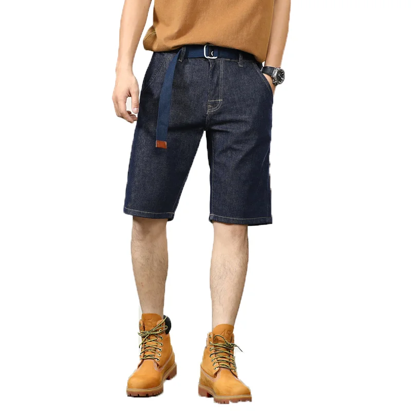 

Dark Blue Large Pocket Patchwork Denim Shorts Men Primary Color Washed Five Quarter Pants Summer Loose Casual Pants Men
