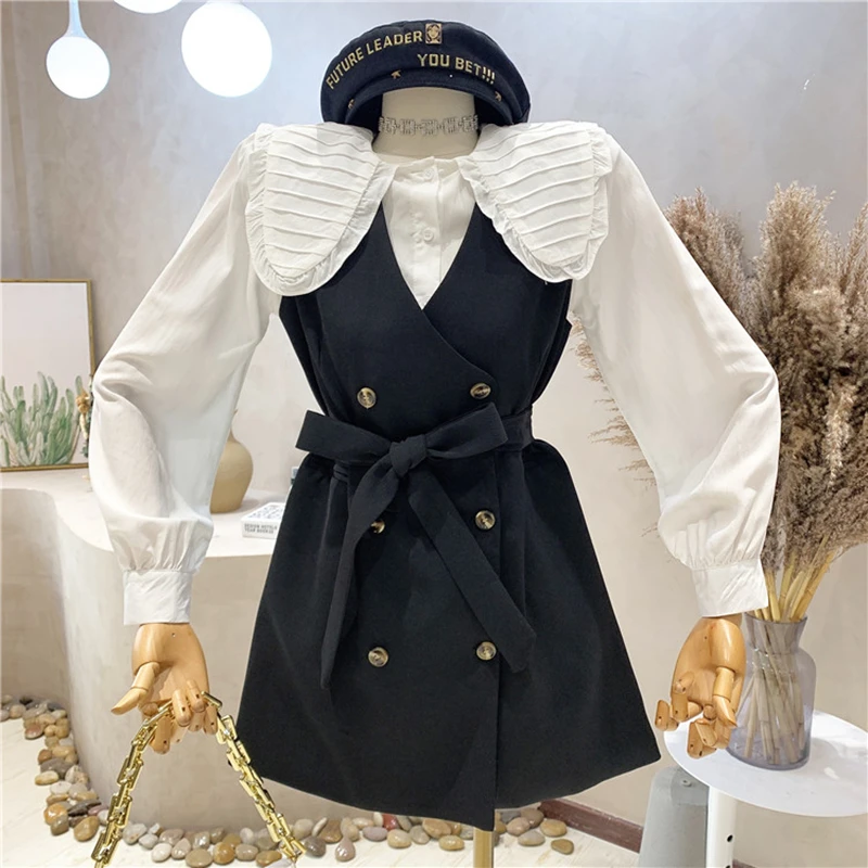 

Niche Design New Women's Clothing 2022 Spring Temperament Ruffle Lapel Shirt + Lace Up Double Breasted Dress Set