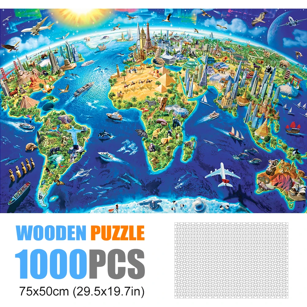 1000 stück Holz Puzzles Jigsaw Puzzl Papier Pädagogisches Spielzeug für Erwachsene Schlafzimmer Dekoration Aufkleber mit Lagerung Tasche 75x50cm