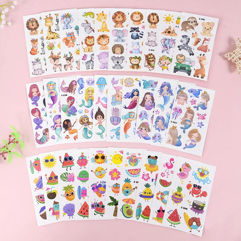 

10 Pcs/Set Cartoon Tattoo Stickers Cute Animal Undersea Mermaid Hawaiian Fruit Temporary Fake Tattoo For Kids Arm Party Sticker