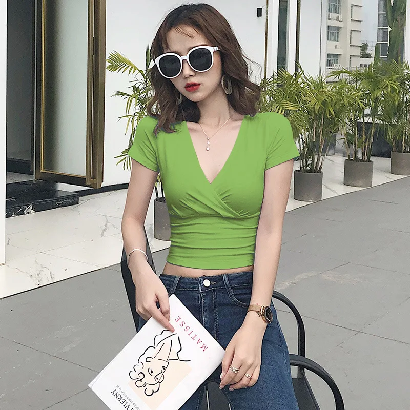 

Summer new V-neck short-sleeved casual all-match 100% cotton top 2022 grey