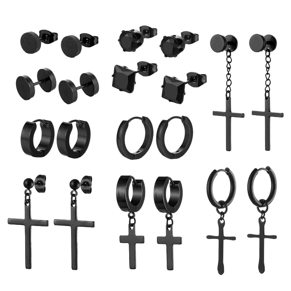 

10 Pairs Fashion Earring Stud Set Man Cross Pendant Men Stainless Steel Hoop Earrings 316 Stylish Hooks