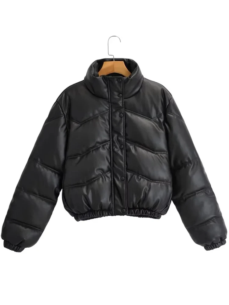 PAILETE Women 2022 fashion faux leather parkas thick warm jacket coat vintage long sleeve pockets female outerwear chic tops