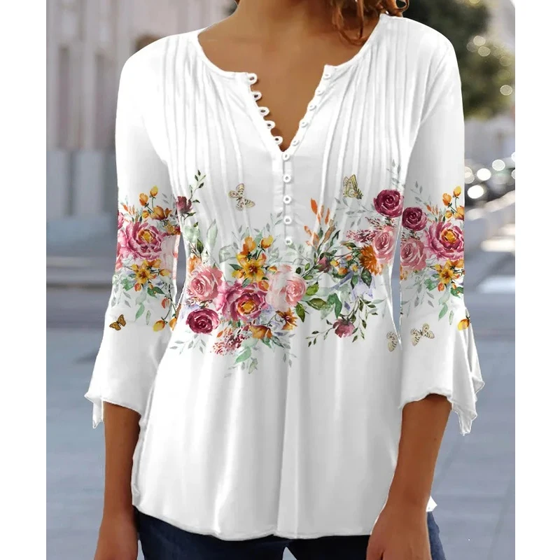 

Casual V-neck Short Sleeve Blouse Button T-shirt 2023 Spring Elegant Clothes New Fashion Flower Printed Shirt Blusas Mujer 25898