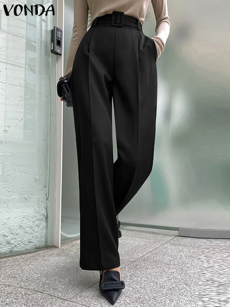 

VONDA 2023 Summer Elegant Women Long Pants High Waist Casual Solid Color Trousers Fashion Pockets Belted Loose Street Pantalon