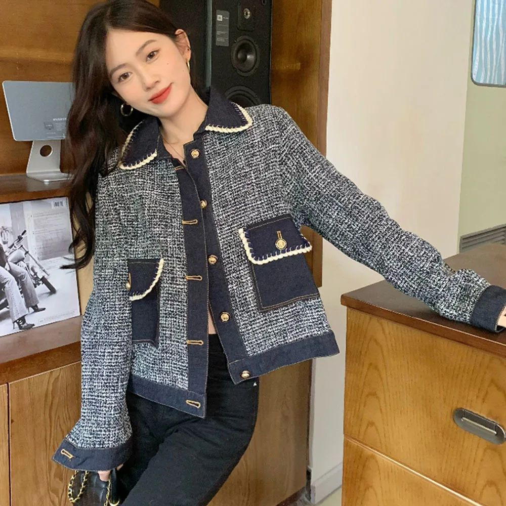 

2022 Autumn New Cowboy Patchwork Tweed Jacket Women Fashion Contrast Color Denim Coat Lady Long Sleeve Casual Lapel Jean Jackets
