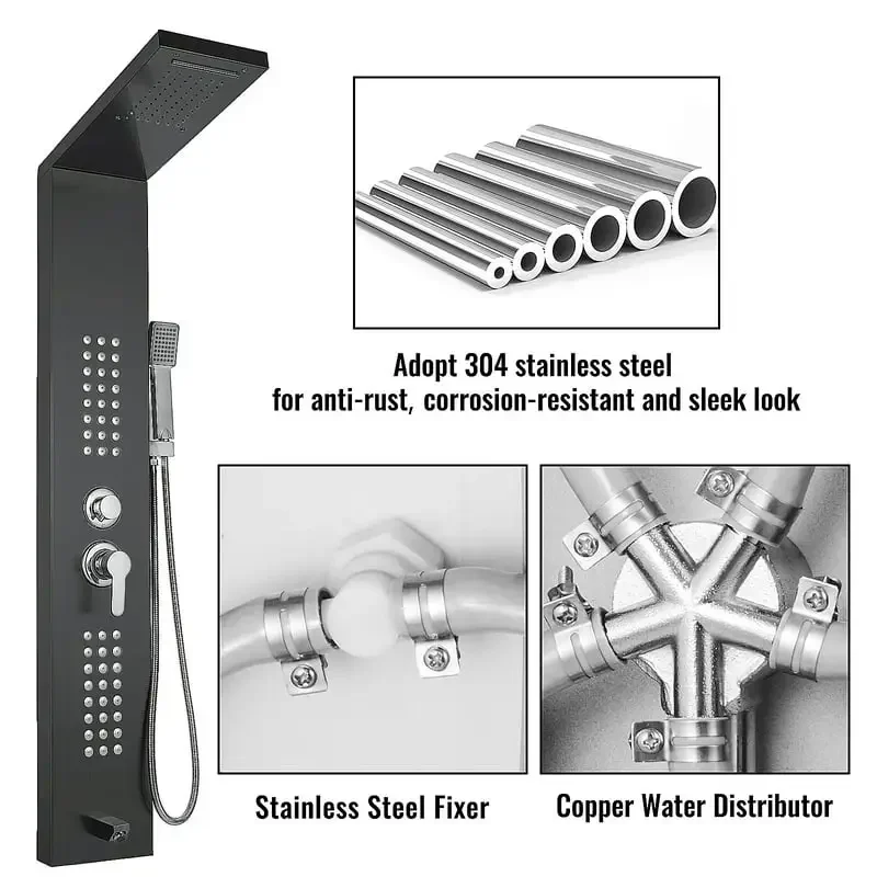 

Shower Panel System Stainless Steel Multi-Function Shower Panel with Spout Rainfall Waterfall Massage Jets Tub Spout Hand Showe