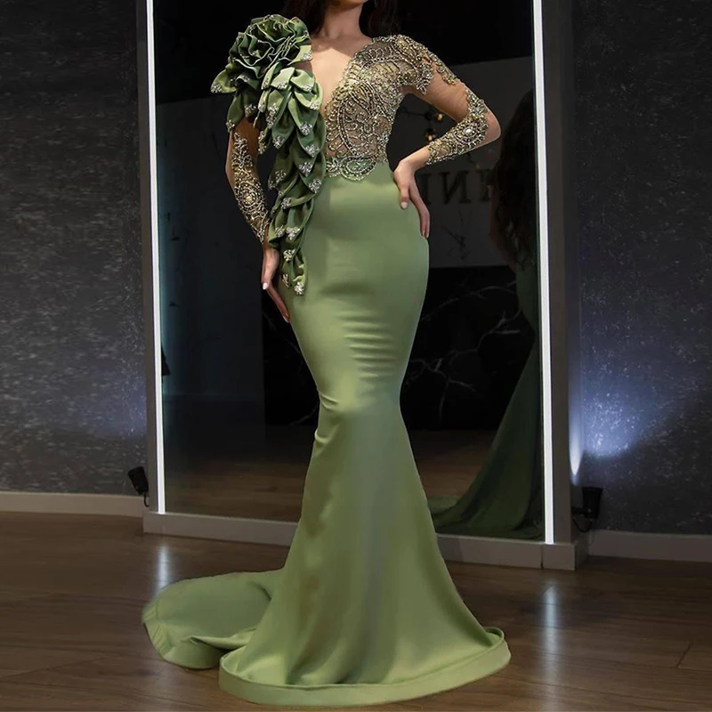 

2022 Green Mermaid Evening Dress For Womens Long Sleeves Sequins Beaded Ruffles Lace Appliqué Gown Party Dresses Robe De Soirée