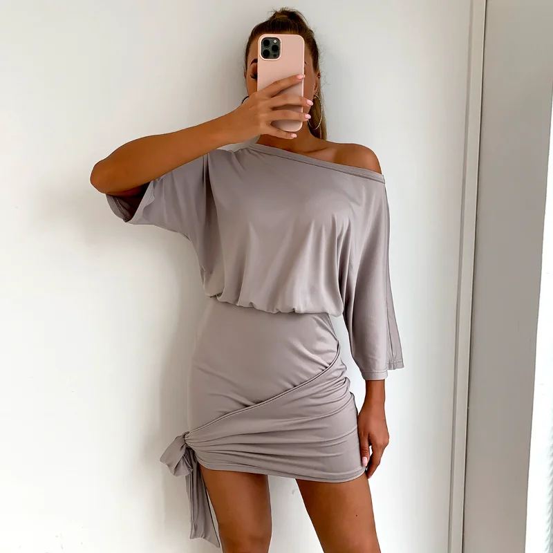 

Однотонное платье, женское Новое короткое платье в европейском и американском стиле с косым воротником