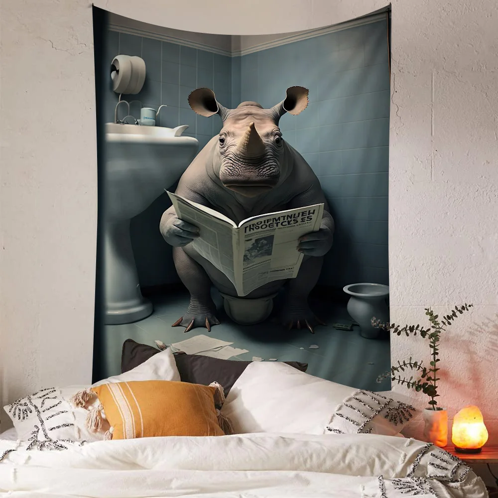 Забавная ванная комната юмористическое животное сидящее на туалете чтение