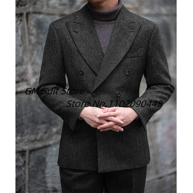 2022 New Mens 2-Piece Suit Herringbone Tweed Formal Business Double Breasted Blazer and Pants