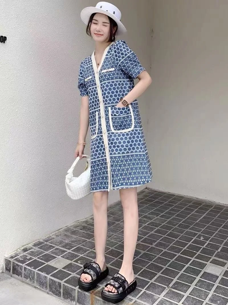 

Chic Houndstooth Hollow Out Knitted Dress Summer Women Blue V-Neck Single Breasted Slim Casual Dresses Street Fashion Clothing