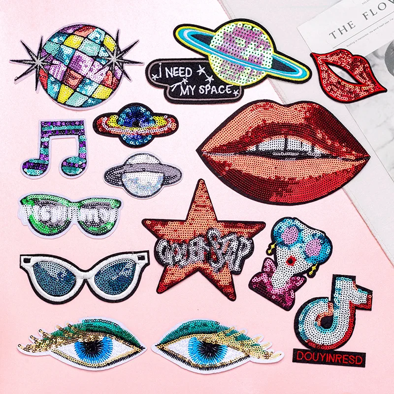 

Cartoon Star Sequins Embroidery Patches and Appliques Eyes Lips Thermal Adhesive Sticker Iron-On Patches DIY Jacket Sewing Patch
