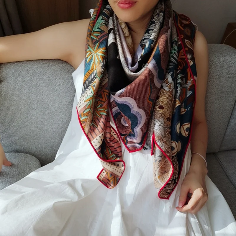 Recommend 140x140cm Scarf for women ladies midsummer night orange velvet big silk scarf sunscreen Optional style print shawl