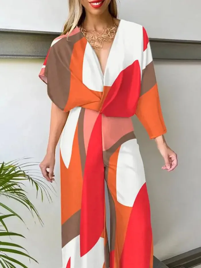 

Temperament Fashion 2023 Woman Jumpsuits Deep V Wide Leg Pants High Waist Printed Pants Premium Street Elegant Woman Clothing